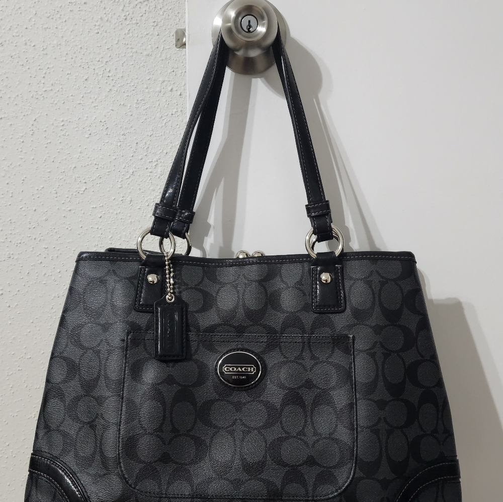 Coach Signature Canvas Black Leather Shoulder Bag